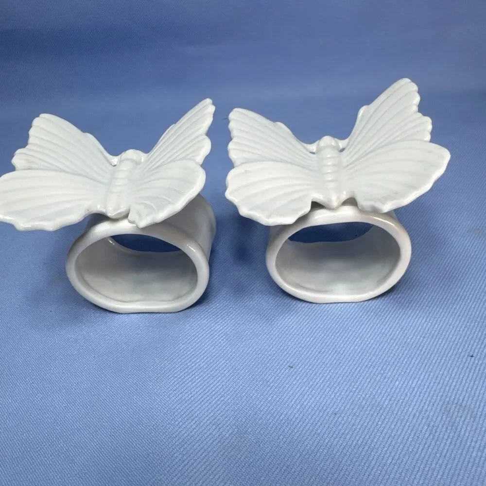 Vintage Ceramic Fitz and Floyd Napkin Rings White Butterfly Set of 2 Japan